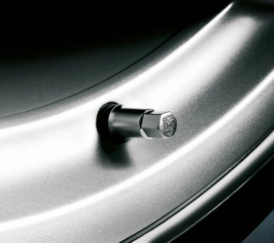 Porsche Valve Sleeve Set in Silver with Embossed Crest for 718, 911, Panamera, and Cayenne | Porsche Design Sale